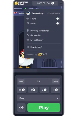 Chicken Road Game izbornik i postavke igranja